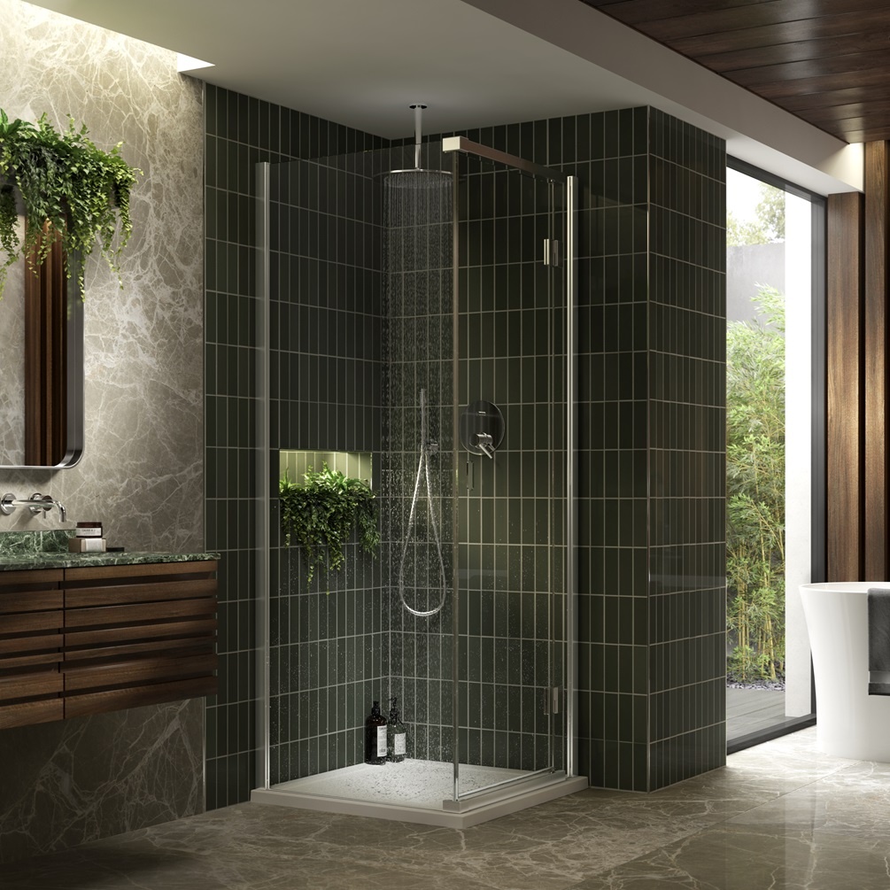 product lifestyle image of Kudos Pinnacle 8 1100mm Right Hand Corner Hinged Door in Chrome with Side Panel in green metro tiled bathroom - HDCRHB HIPRHD